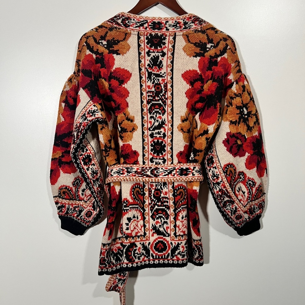 Farm Rio Floral Knit Cardigan with Belt size XS Wool Blend Anthropologie - Picture 4 of 9